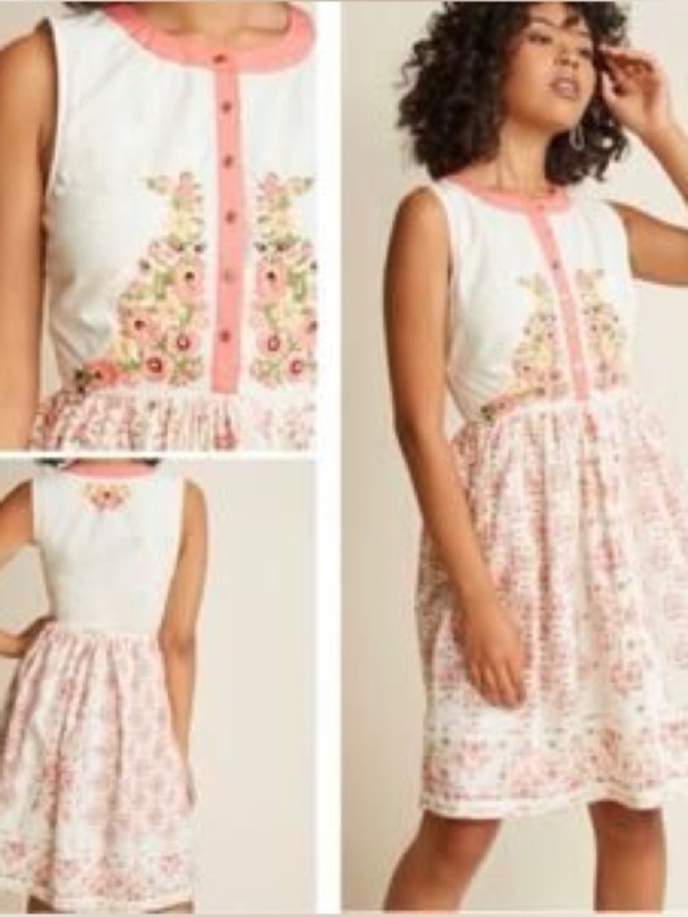 Modcloth White Dress with Pink and Green Floral Embroidery